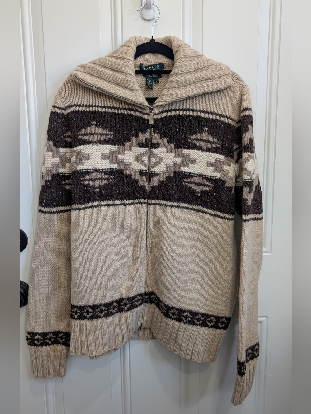 VTG Lauren Ralph Lauren Hand Knit Southwestern Full Zip Wool Cashmere Sweater L